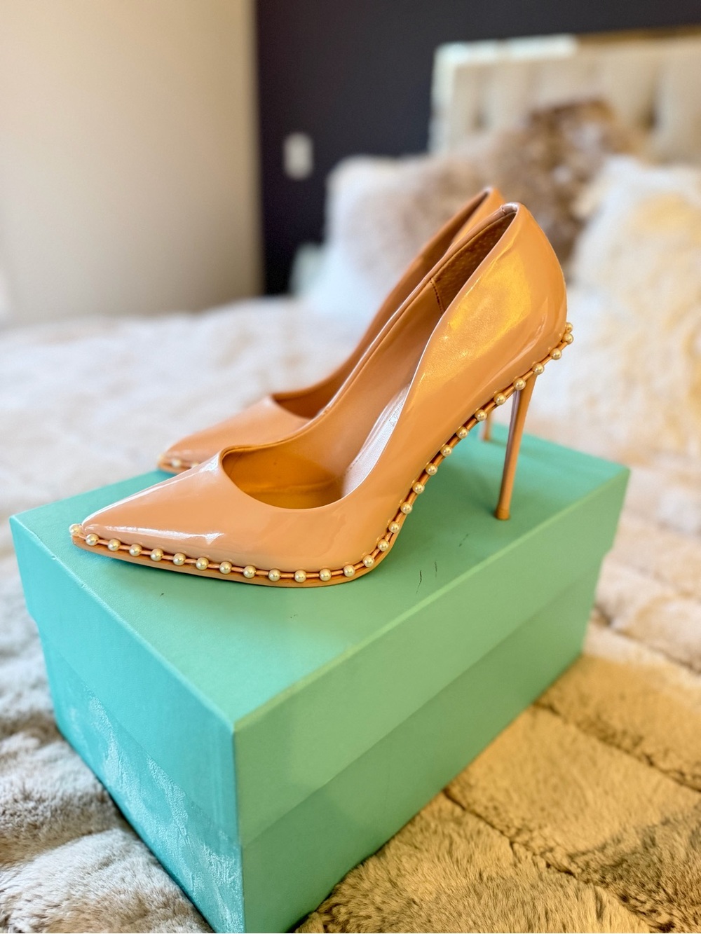 Steve Madden Peach Patent Pearl-Trim Stiletto Pumps